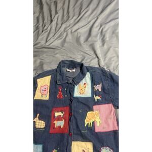 Sara Studio Denim Shirt Womens L Embroidered Farm Applique